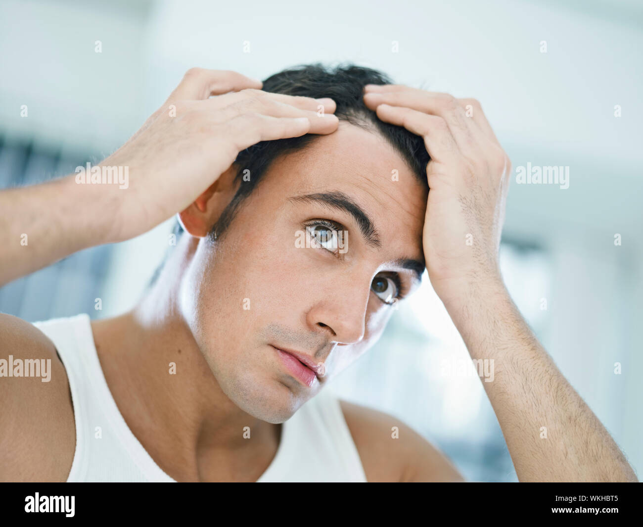 Caucasian Adult Man Checking Hairline Horizontal Shape Head And