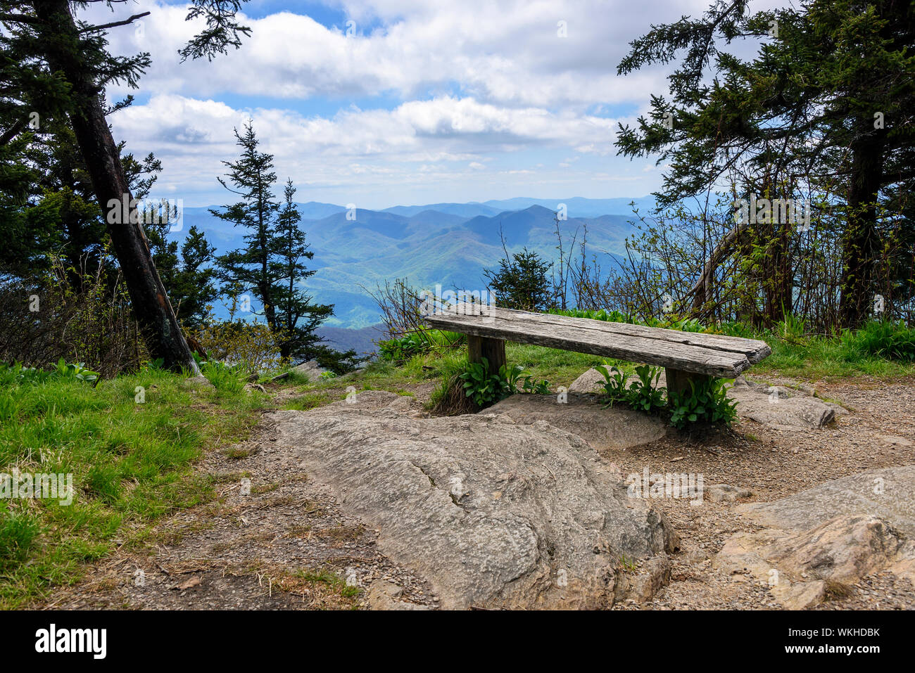 Scenic view from wooden bench of Smoky and Blue Ridge Mountains in North Carolina Stock Photo