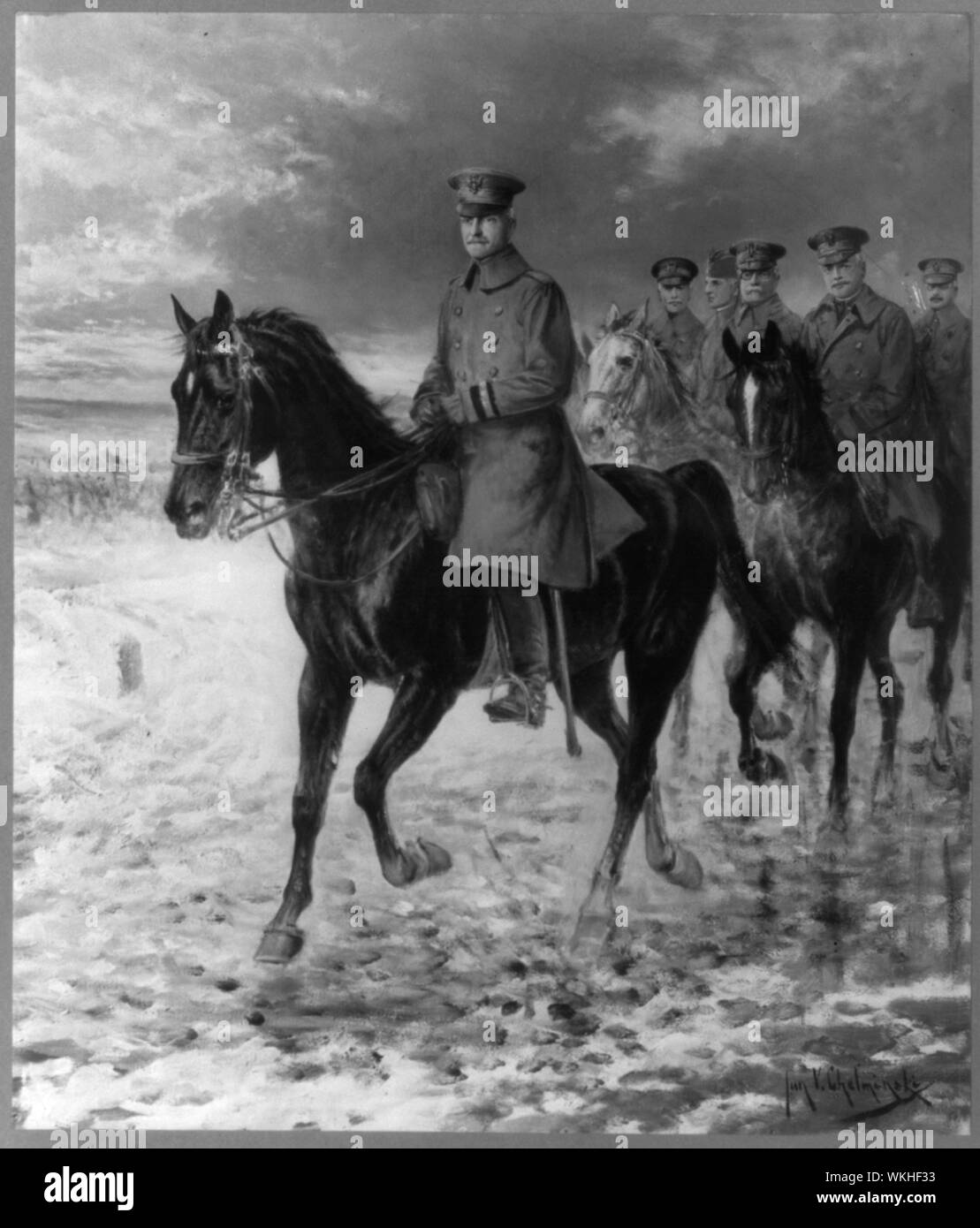 John Joseph Pershing, 1860-1948, full length, on horseback, facing left, followed by others on horseback, all in uniform Stock Photo