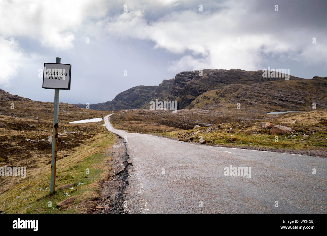 Passing place at apple cross peninsula on the North Coast 500 tourist motoring route in northern Scotland, UK Stock Photo