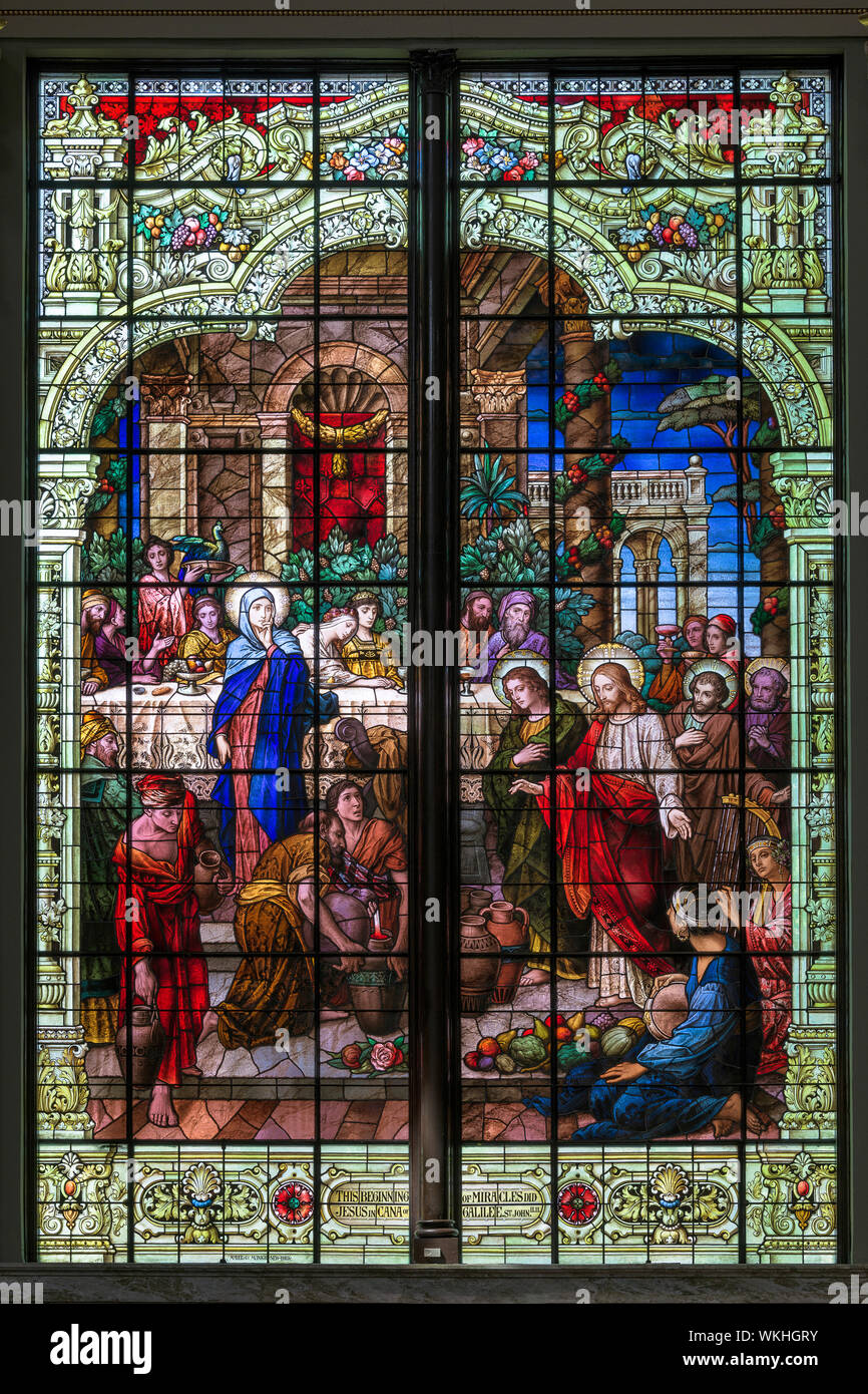 Stained glass window inside the historic Cathedral of Saint Patrick on