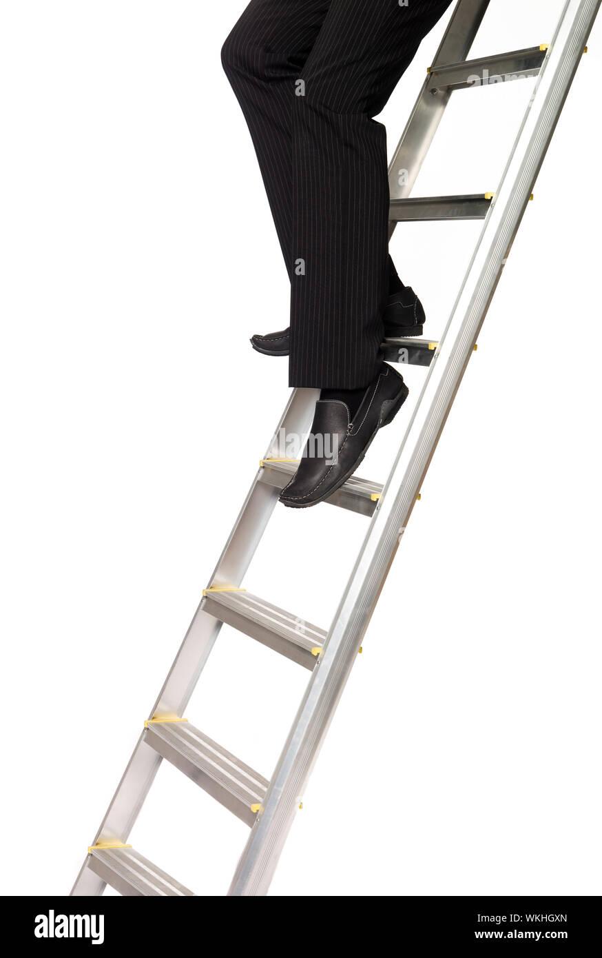 Man climbing down a ladder Stock Photo Alamy