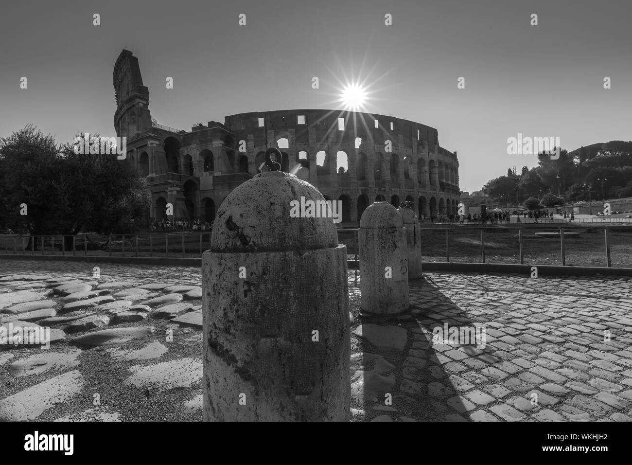 Sunrise in Colosseum on black and white Rome Italy. Stock Photo