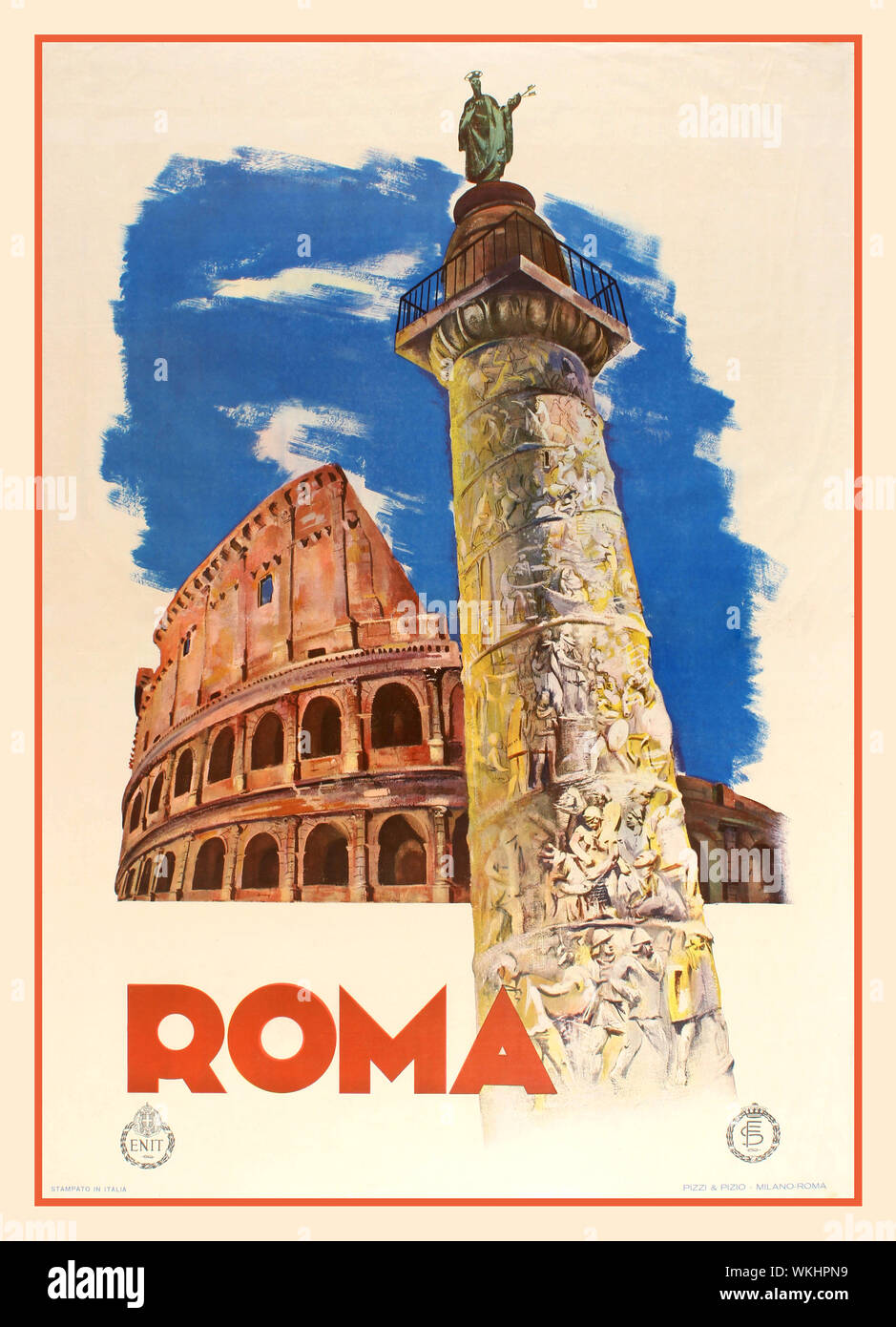 ROME 1930s Vintage travel vacation poster for Rome / Roma issued by ENIT and Italian Railways, of  Roman Coliseum and Column. Italy, 1930s,  ENIT—Agenzia nazionale del turismo, known as The Italian Government Tourist Board, formerly the Ente Nazionale Italiano per il Turismo ('Italian National Agency for Tourism') is the Italian national tourism board. It was founded in 1919 under the Liberal-Radical government of Francesco Saverio Nitti. ENIT is responsible for the promoting worldwide tourism to Italy. Stock Photo
