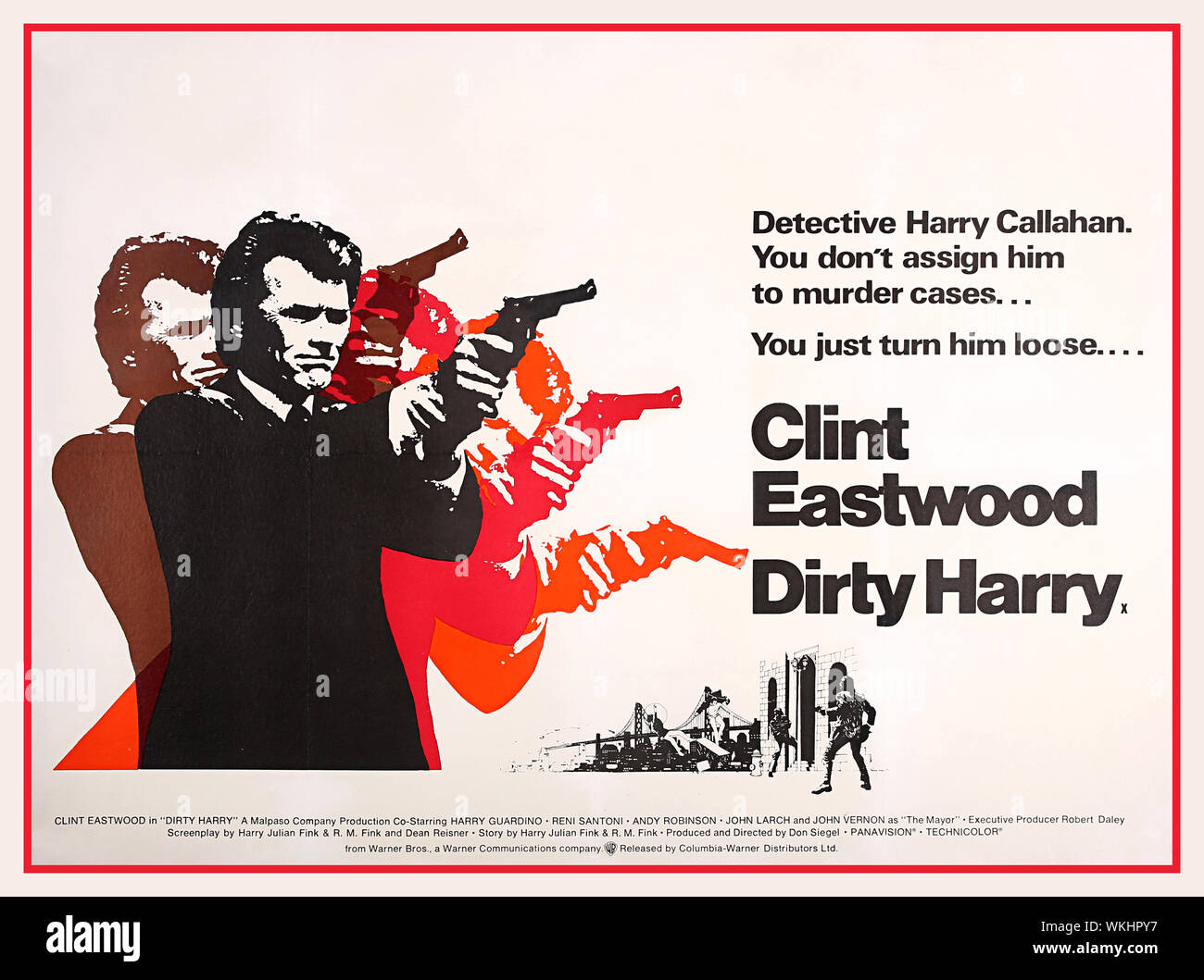 Vintage film movie poster Clint Eastwood in ‘Dirty Harry’ Dirty Harry is a 1971 American neo-noir action-thriller film produced and directed by Don Siegel, the first in the Dirty Harry series. Clint Eastwood plays the title role, in his first outing as San Francisco Police Department (SFPD) Inspector 'Dirty' Harry Callahan. The film drew upon the real life case of the Zodiac Killer as the Callahan character seeks out a similar vicious psychopath. *EDITORIAL USE ONLY* ©️Warner Brothers Stock Photo