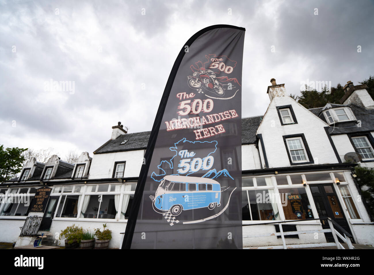 Sign for North coast 500 at Lochcarron Hotel on the North Coast 500 tourist motoring route in northern Scotland, UK Stock Photo