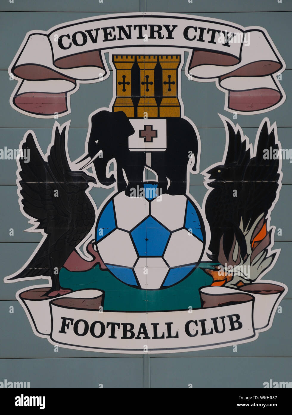 The badge of Coventry City Football Club on the side of the Ricoh Arena in Coventry, Warwickshire, England Stock Photo