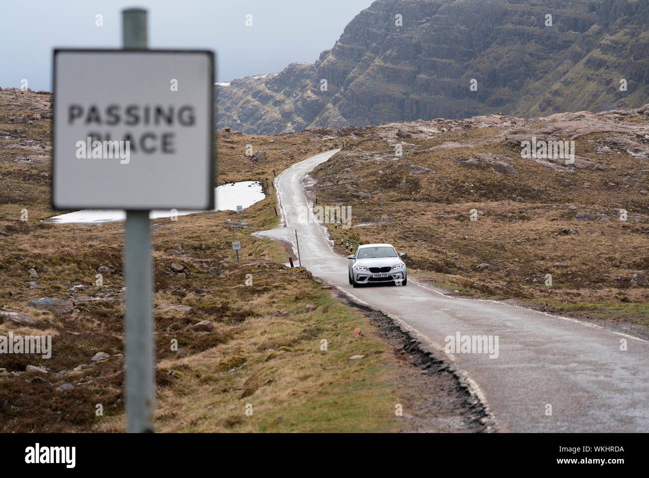Passing place on Applecross peninsula at Bealach na ba on the North Coast 500 tourist motoring route in northern Scotland, UK Stock Photo