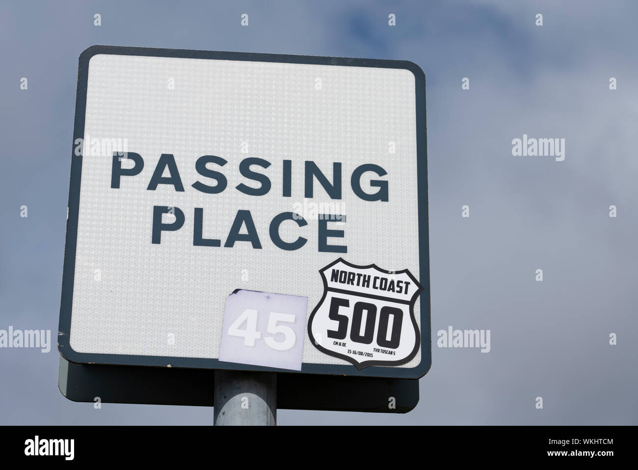 Detail of sign on the North Coast 500 tourist motoring route in northern Scotland, UK Stock Photo