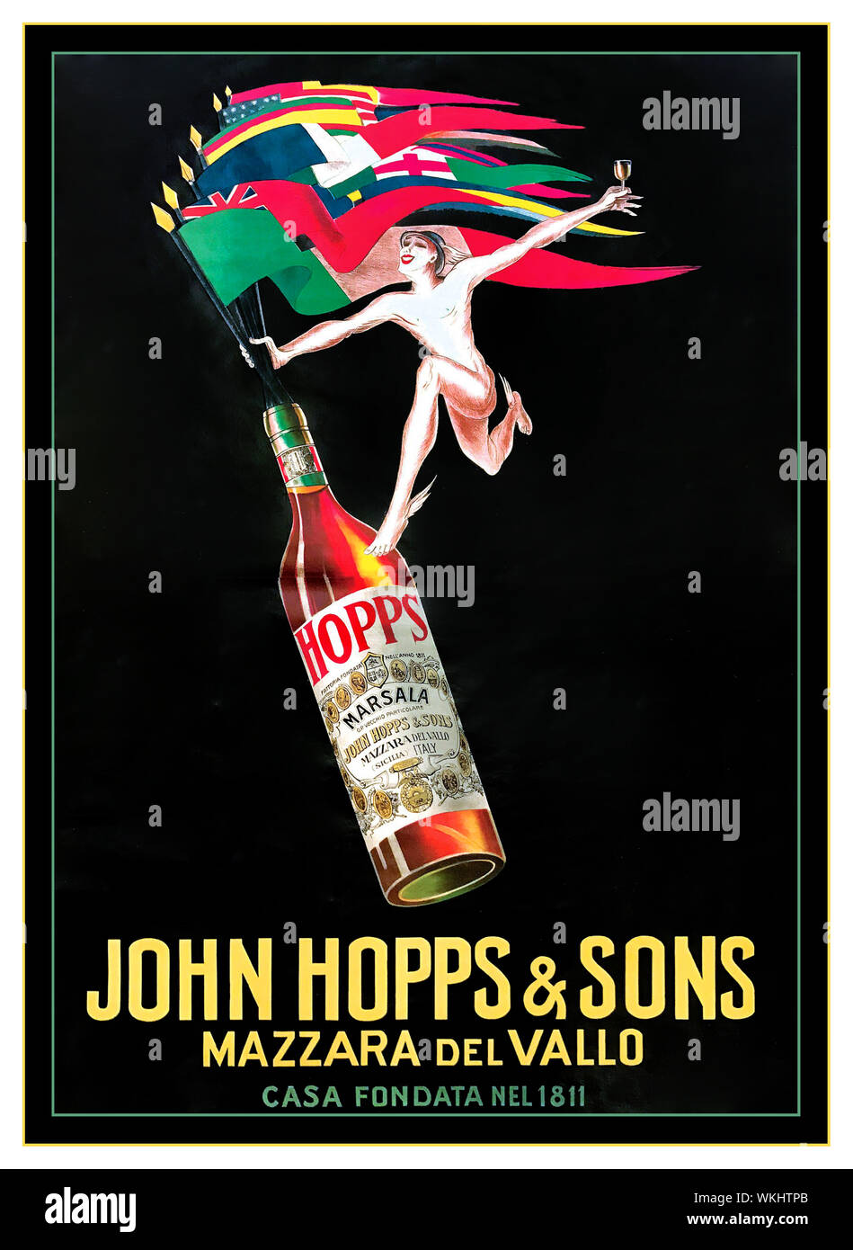 1900’s Vintage Marsala drinks poster advertising by Mario Bazzi (1891-1954), JOHN HOPPS AND SONS First edition lithographic poster, 1923. in the style of Leonetto Cappiello European Flags Flying in a combined drinks project Stock Photo