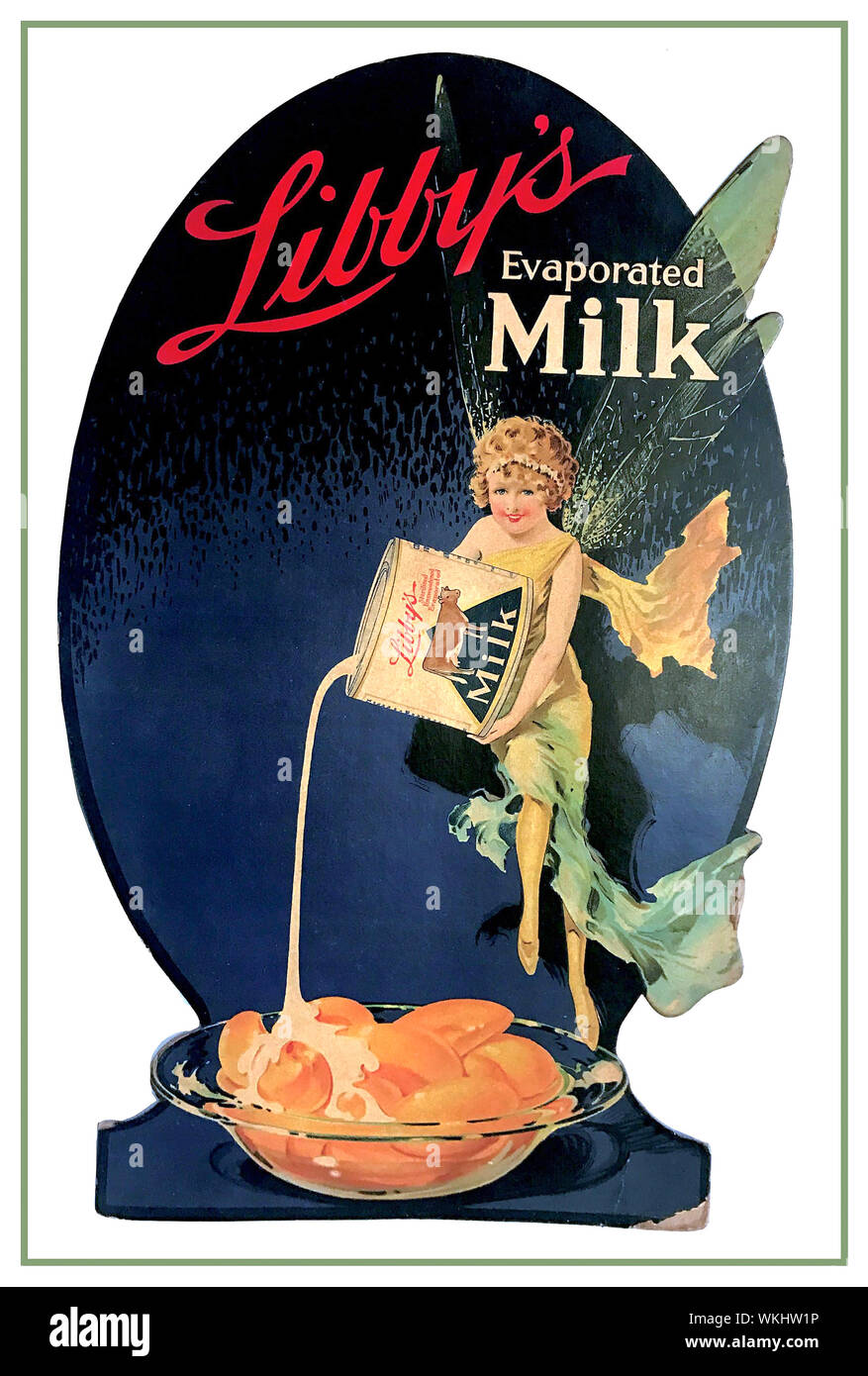 Vintage 1900's  advertising lithograph poster for LIBBY’S EVAPORATED MILK by artist  Cappiello 1900’s, Fantasy Fairy Girl Pouring  LIBBY’S EVAPORATED MILK peaches and cream food illustration First edition lithographic poster 1920 Stock Photo