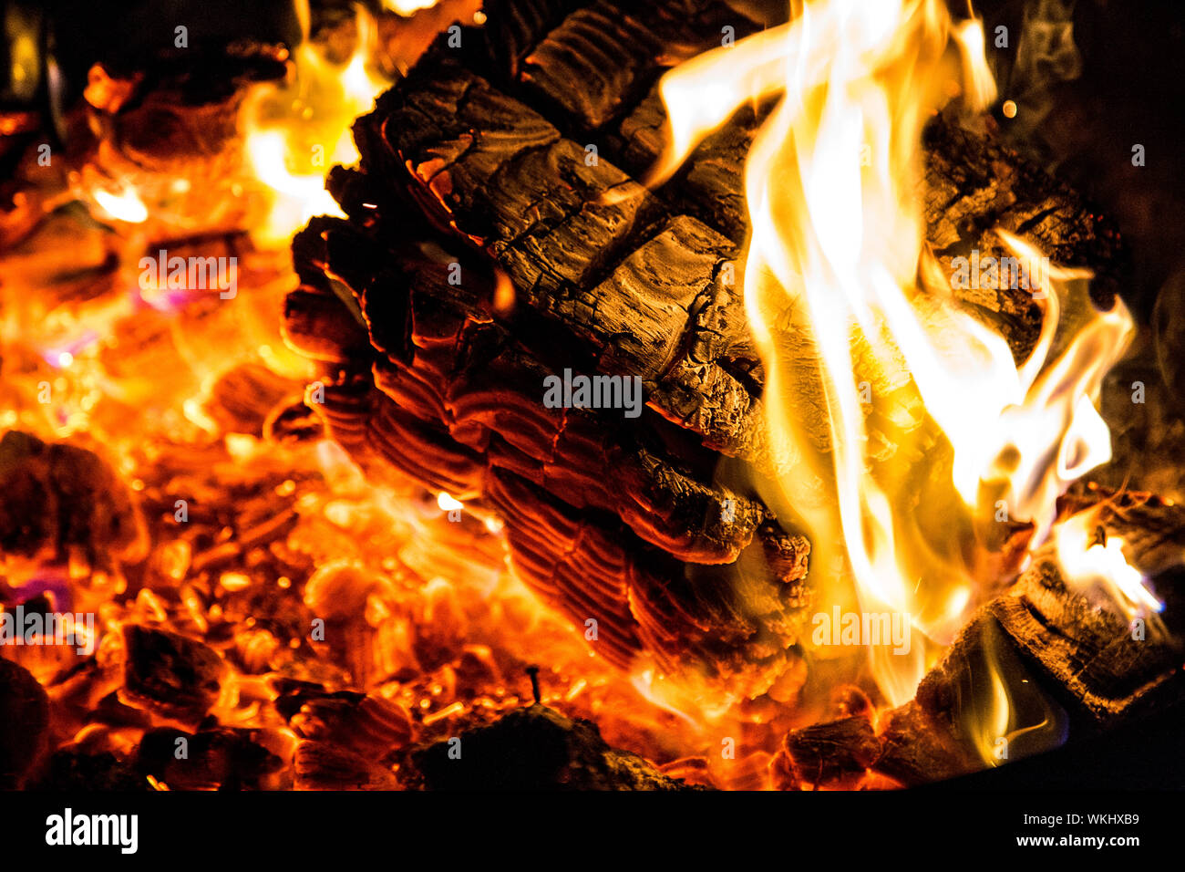 Fire burning coals, glowing embers Stock Photo