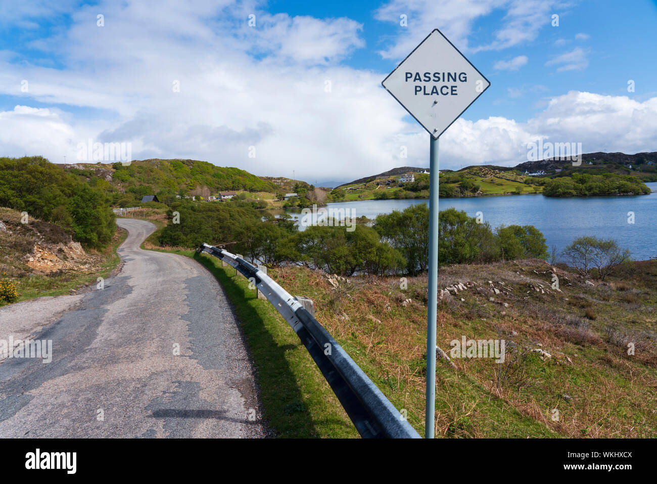 Passing place on highway on the North Coast 500 tourist motoring route in northern Scotland, UK Stock Photo