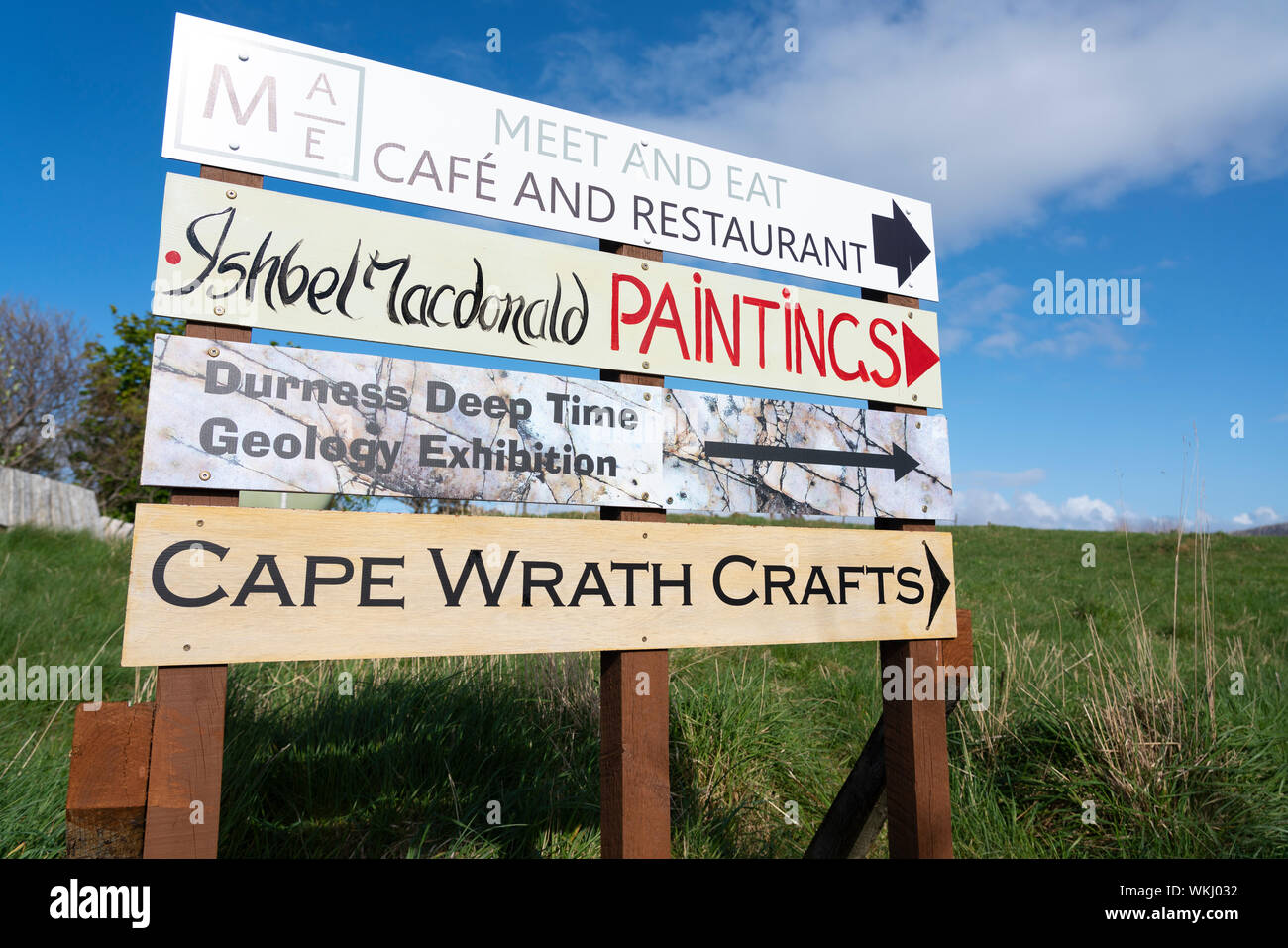 Signs at Balnakeil craft Village in Durness on the North Coast 500 tourist motoring route in northern Scotland, UK Stock Photo
