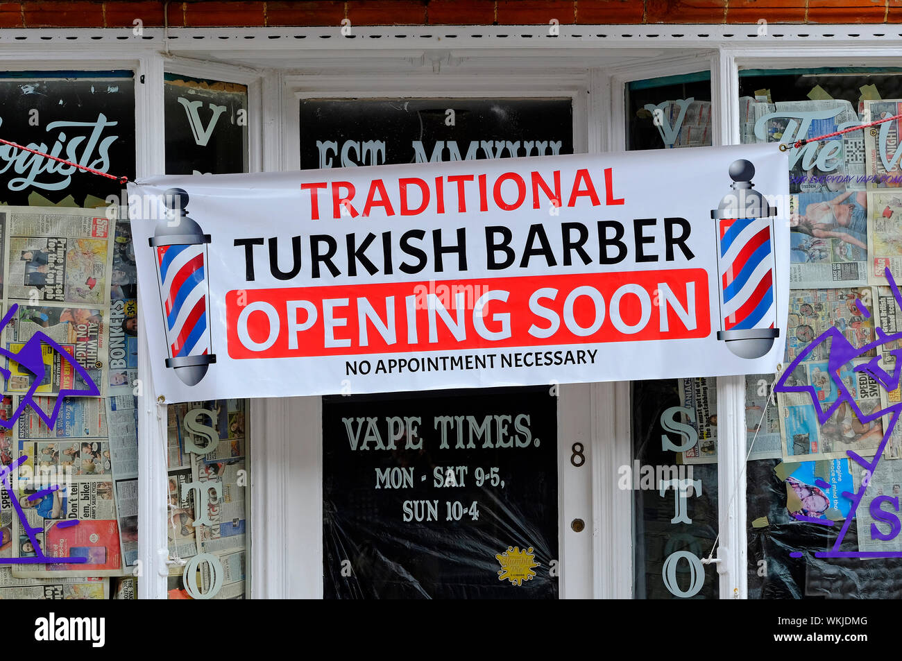 traditional turkish barber opening soon sign, cromer, north norfolk, england Stock Photo