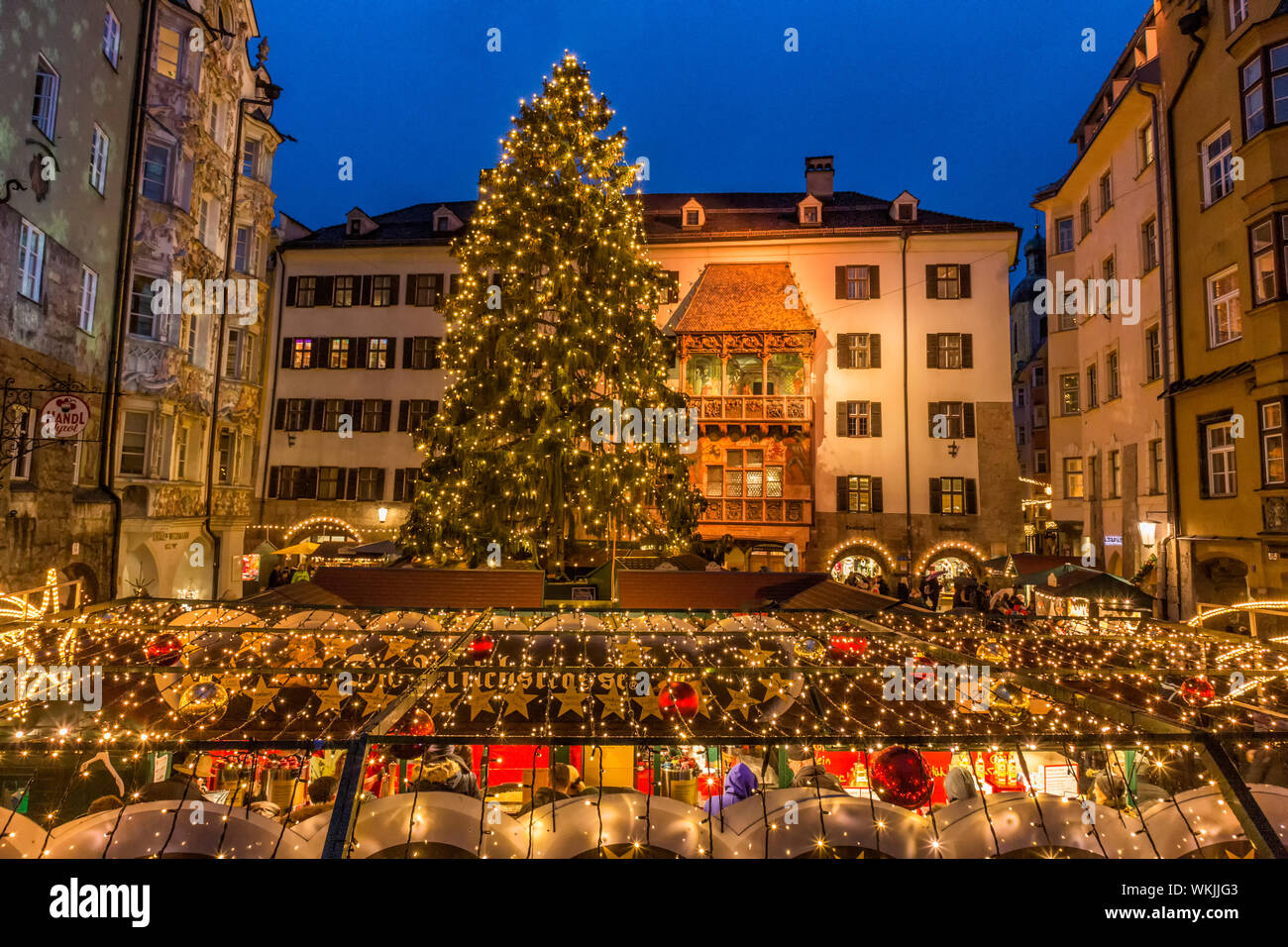 Lights at Christmas market on Maria Theresa Street, Innsbruck, Austria Stock Photo