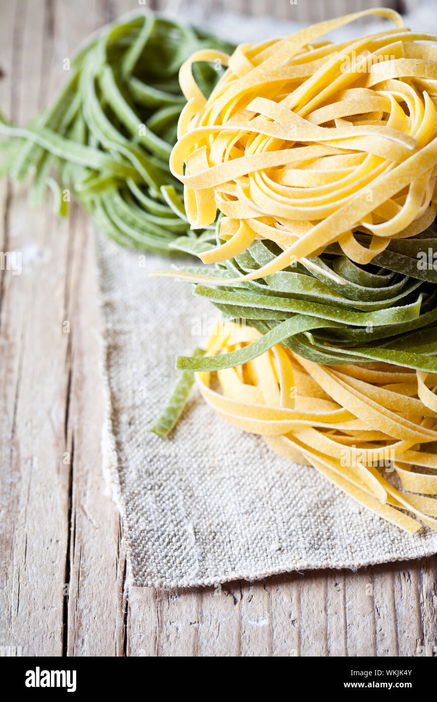 italian pasta tagliatelli closeup on linen napkin Stock Photo