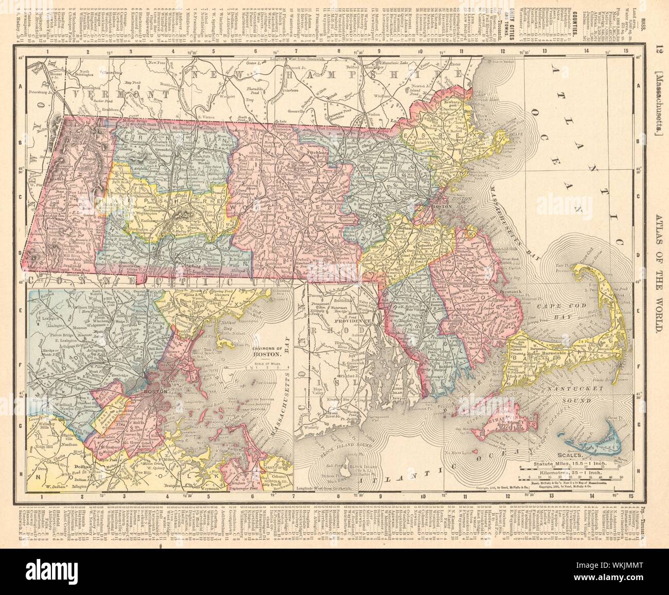 Massachusetts state map showing counties. Boston environs. RAND MCNALLY 1906 Stock Photo