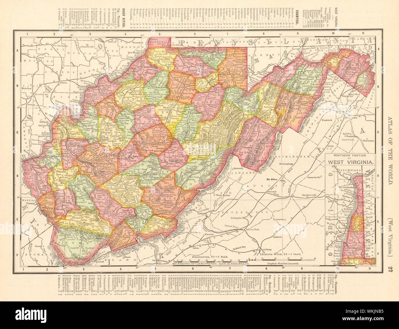 West Virginia state map showing counties. RAND MCNALLY 1906 old antique