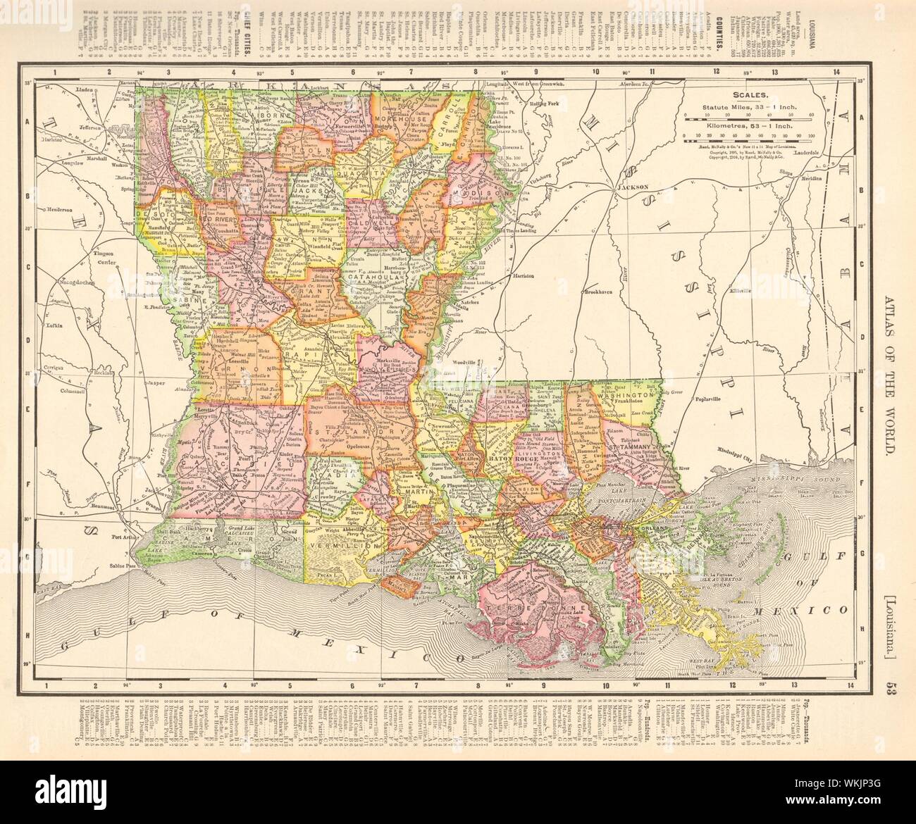 Louisiana state map showing parishes. RAND MCNALLY 1906 old antique ...