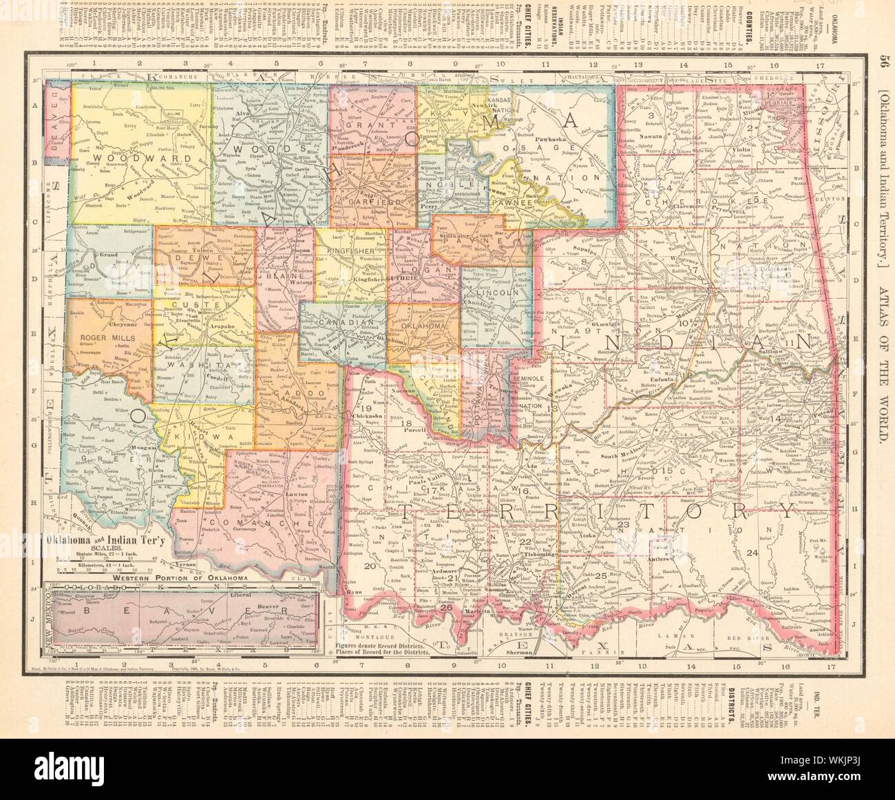 Oklahoma & Indian Territory state map showing counties. RAND MCNALLY 1906 Stock Photo