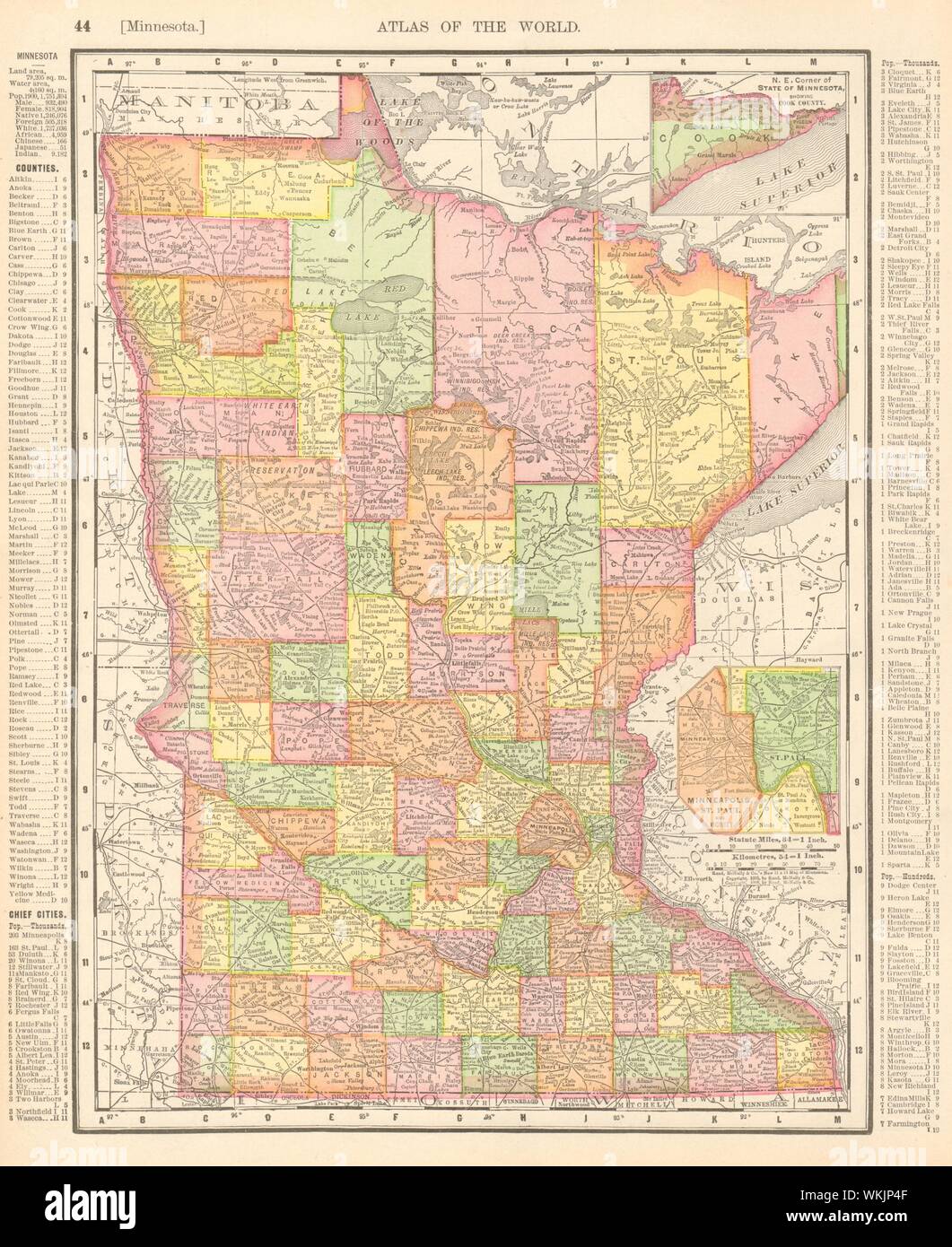 Minnesota state map. Counties. Minneapolis-St. Paul. RAND MCNALLY 1906 old Stock Photo