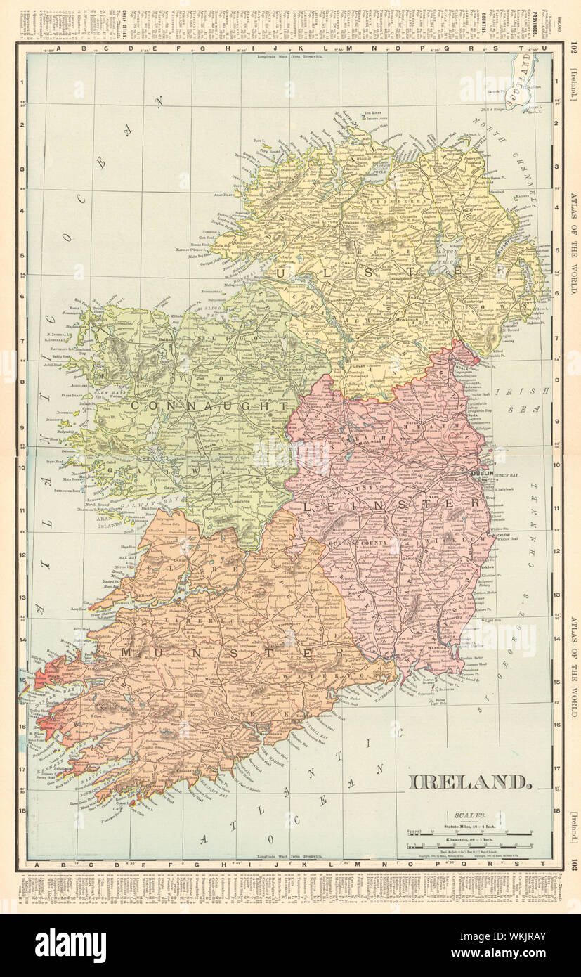 Ireland in provinces. Munster Leinster Connaught Ulster. RAND MCNALLY 1906 map Stock Photo