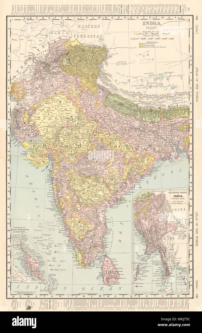 British India. Burma Malaya Nepal Bhutan. RAND MCNALLY 1906 old antique map Stock Photo