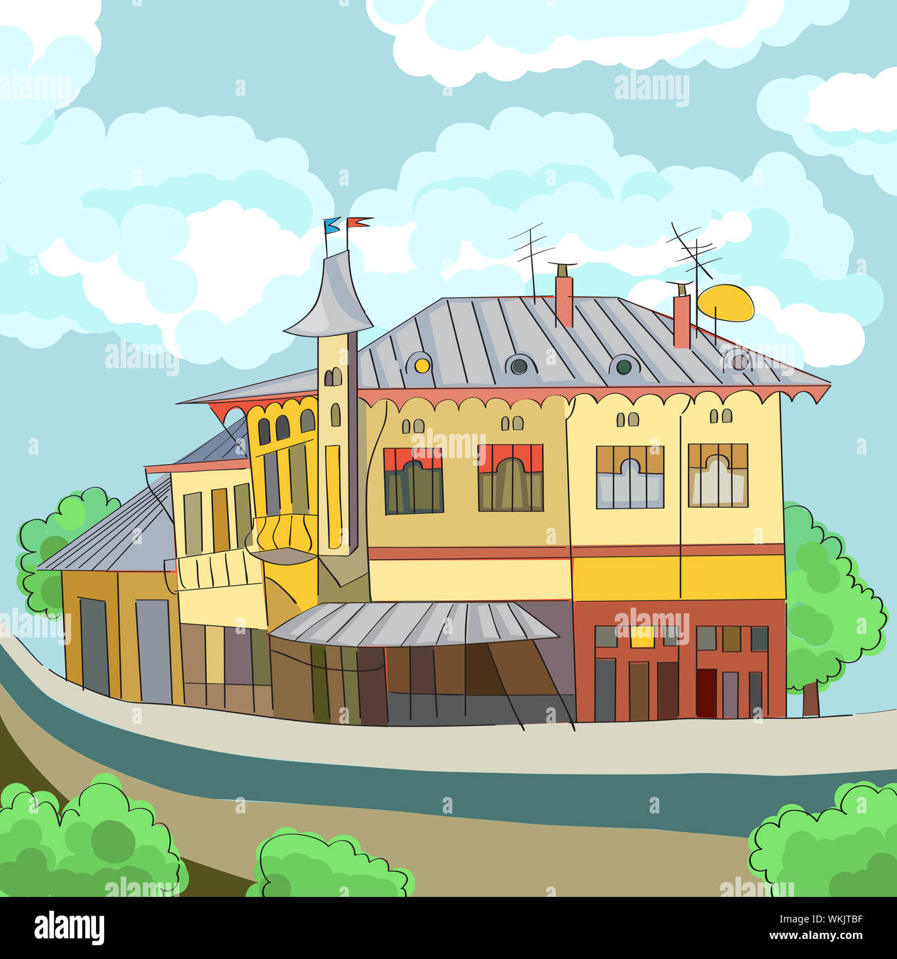 Hand drawn illustration of a balkanic building with tower and flags, urban landscape with cloudy sky Stock Photo