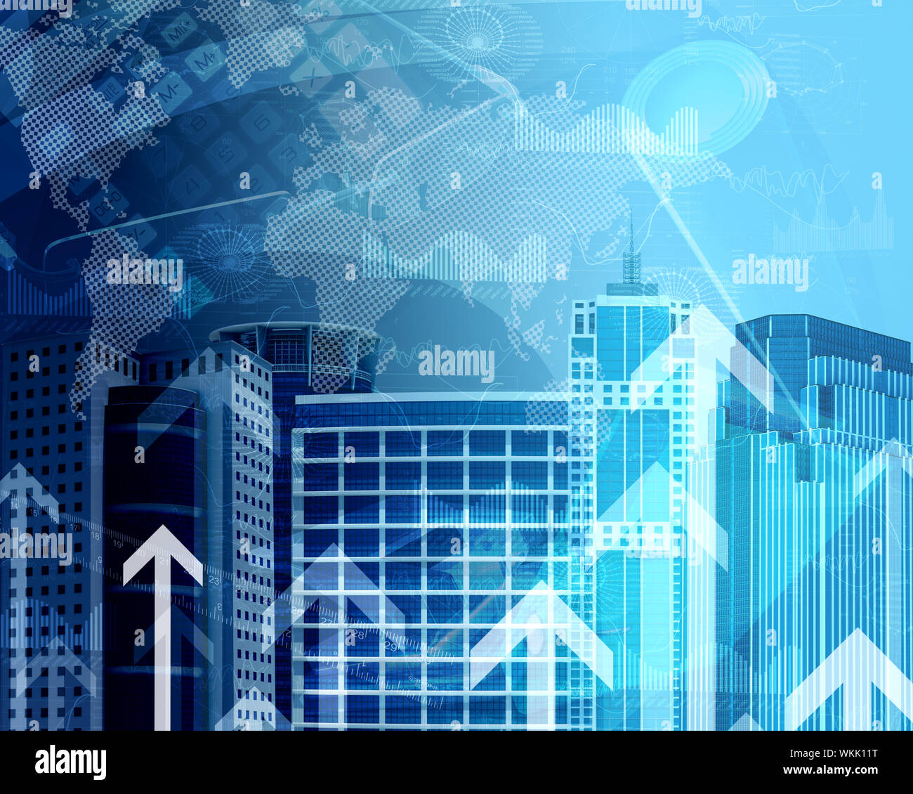 Skyscrapers with the background of graphs and arrows. Concept growth in ...