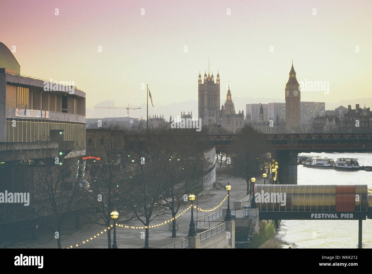 Royal Festival Hall and The Houses of Parliament, Southbank, London, England, UK. Circa 1980's Stock Photo