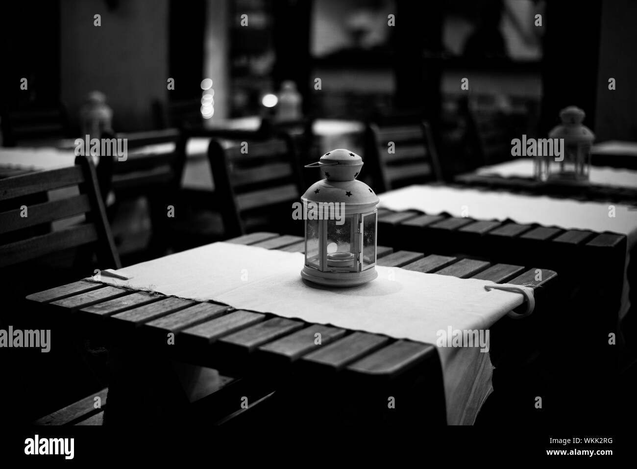 Lanterns On Tables In Restaurant Stock Photo Alamy