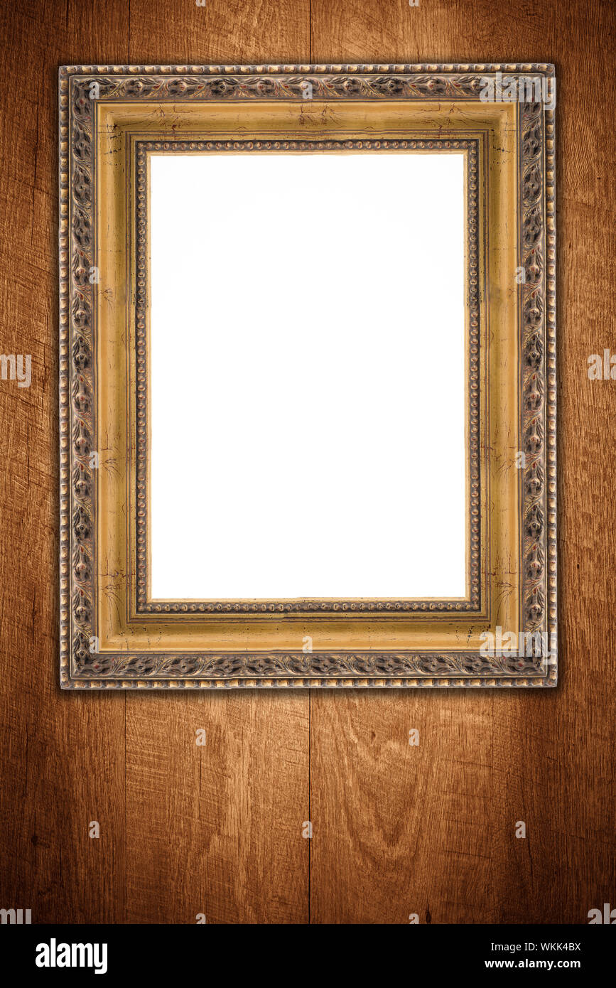 Old picture frame on vintage wood wall Stock Photo - Alamy