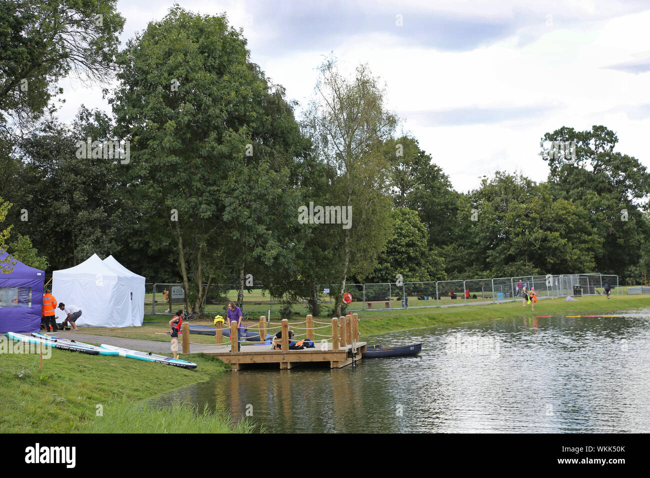 the new swimming lake at the recently remodelled Beckenham Place Park, southeast London, UK. Stock Photo