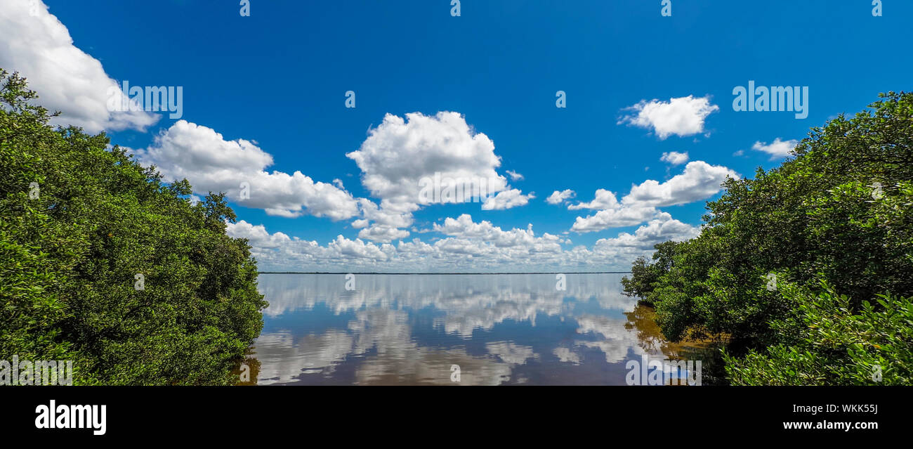 White cloud reflections in Sarasota Bay from Longboat Key in southwestern Florida Stock Photo