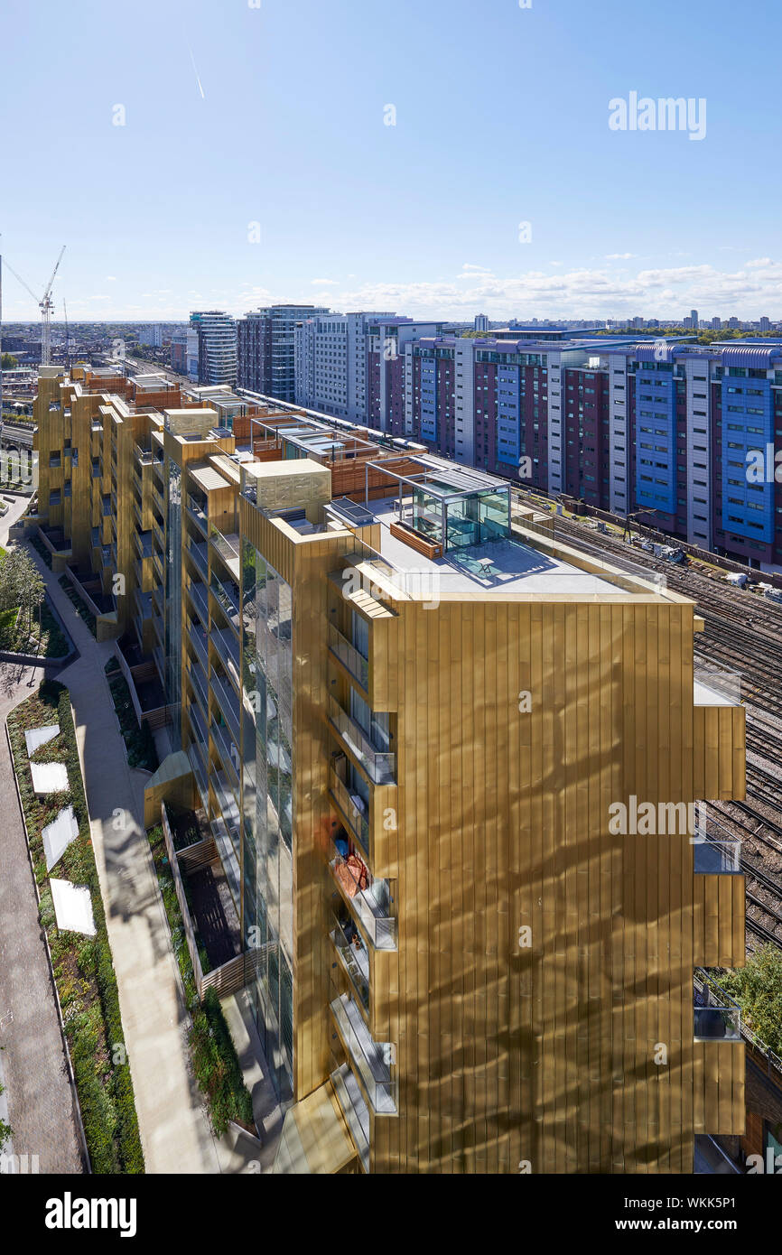 High level view of Faraday House with rooftop gardens and railroad