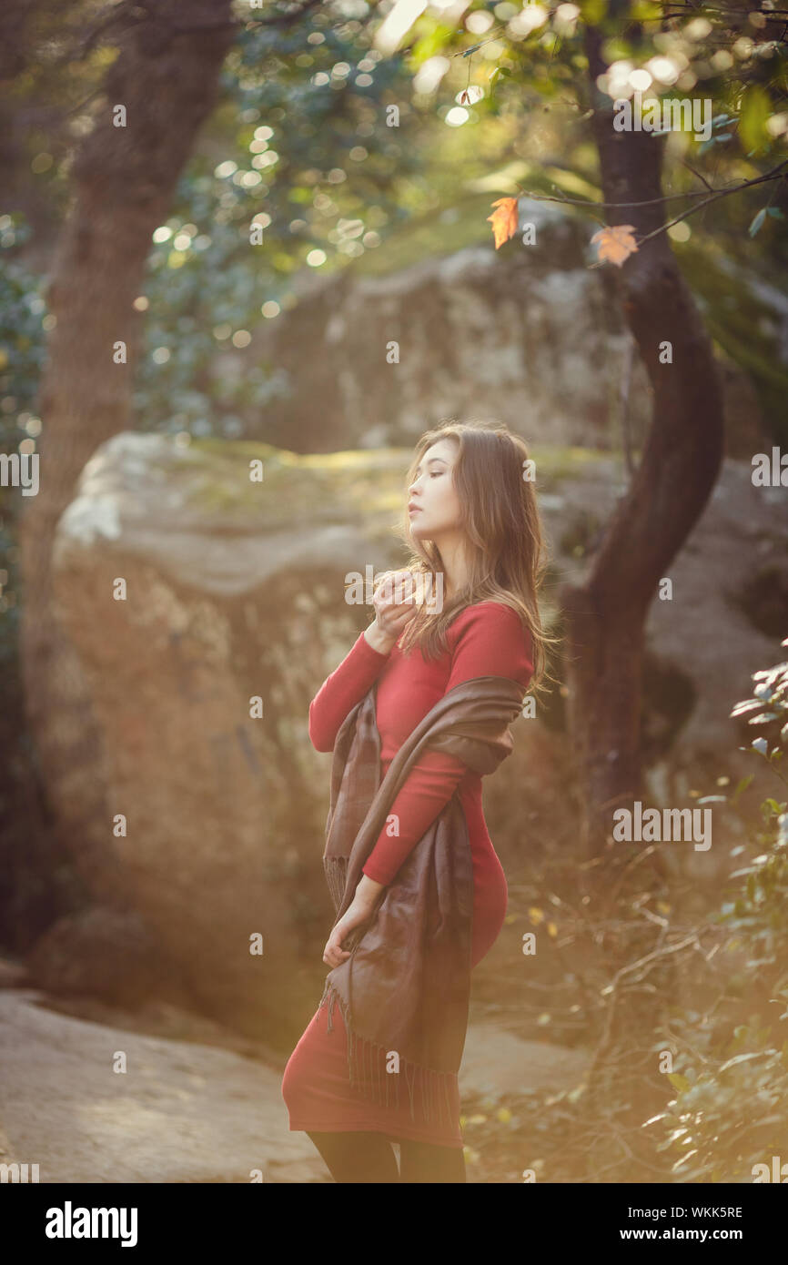Beautiful girl in a red dress, long dark hair and with Asian appearance ...