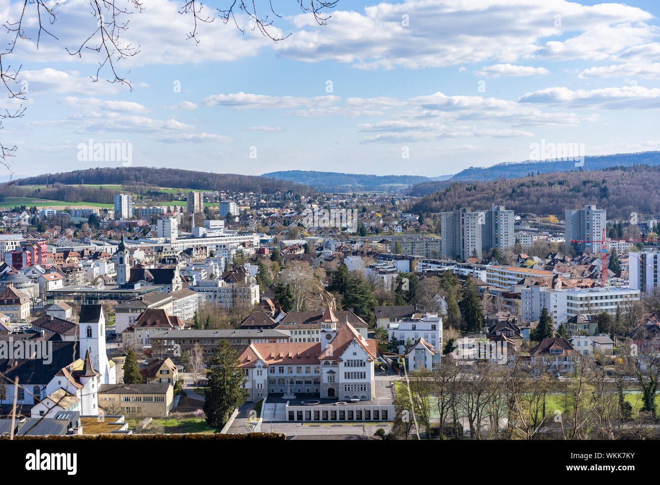 View over Brugg to Windisch with new renovated schoolhouse of Stapfer, roman museum, churches and the hospital and Altersheim. Stock Photo