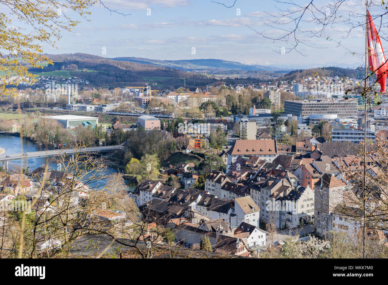 Cityscape of Brugg Ost with residential, commercial districts, historic old town and the casino bridge for vehicles. Stock Photo