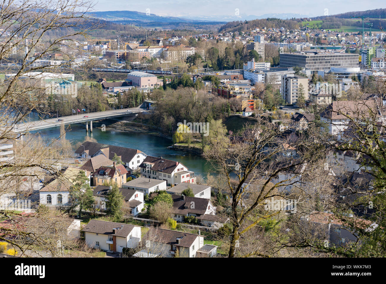 Cityscape of Brugg Ost with residential and commercial districts and the casino bridge for vehicles. Stock Photo