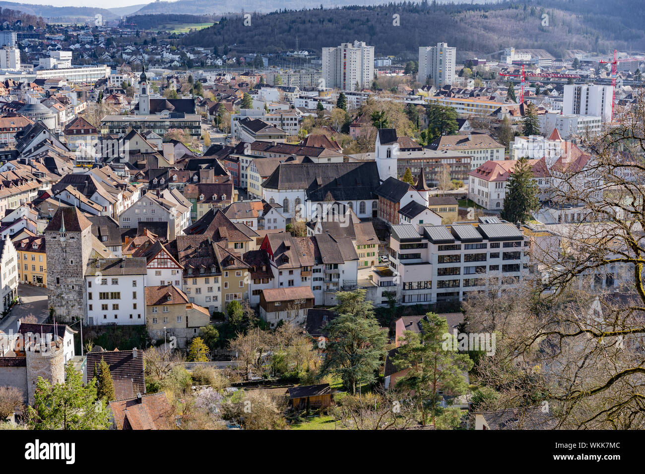 View over the historic old town with the black tower, the Latin schoolhouse and the district school with a view of the Neumarkt, the two churches and Stock Photo