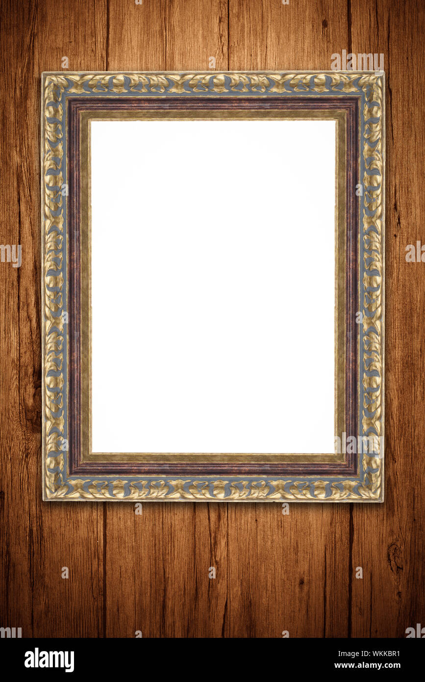 Old picture frame on vintage wood wall Stock Photo - Alamy
