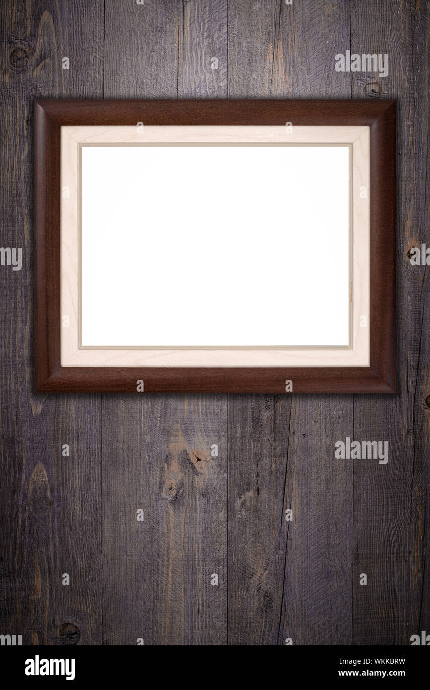 Old picture frame on vintage wood wall Stock Photo - Alamy