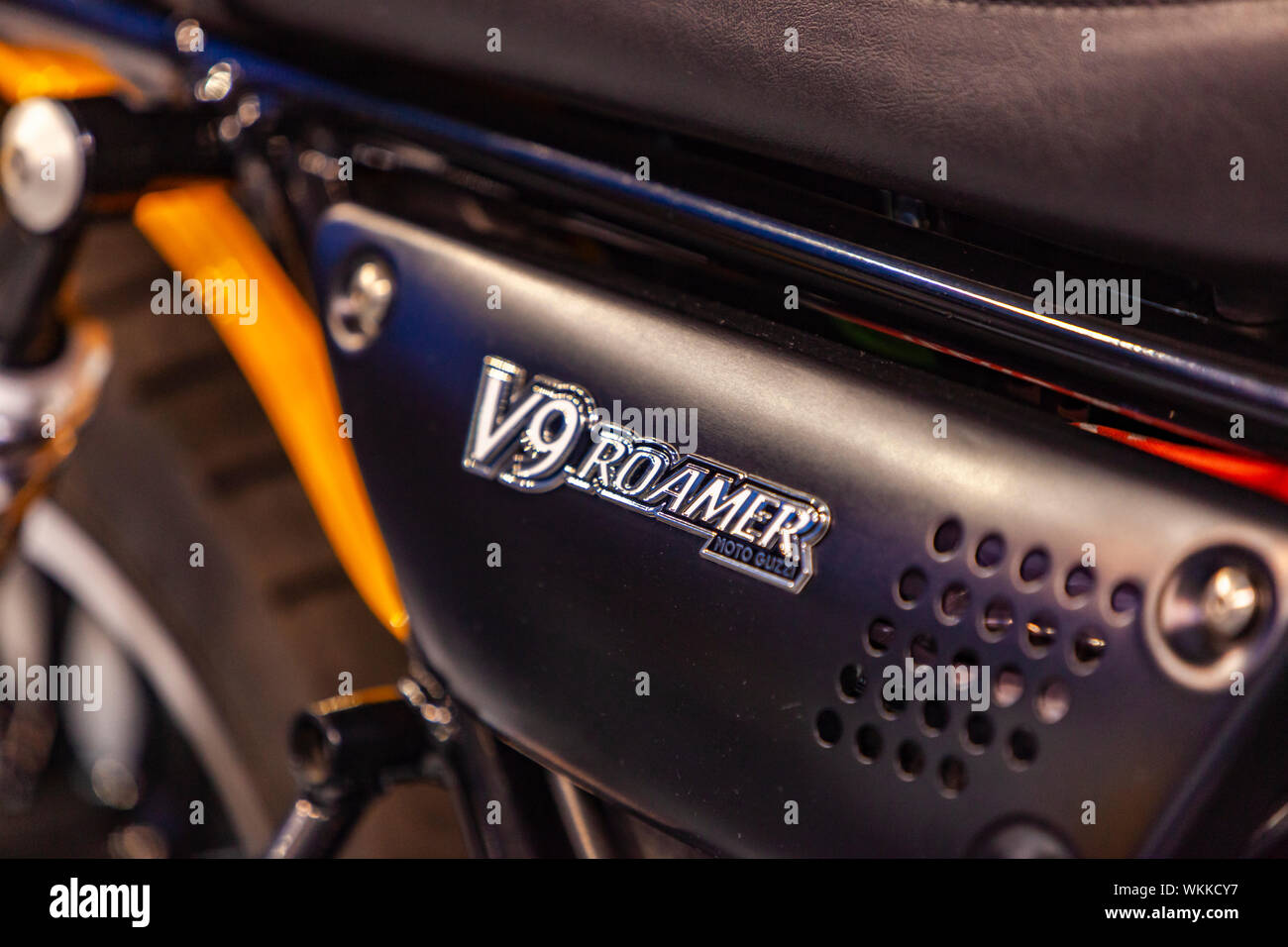 Detail of the Moto Guzzi V9 Roamer motorcycle. Moto Guzzi is an Italian motorcycle manufacturer founded at 1921. Stock Photo