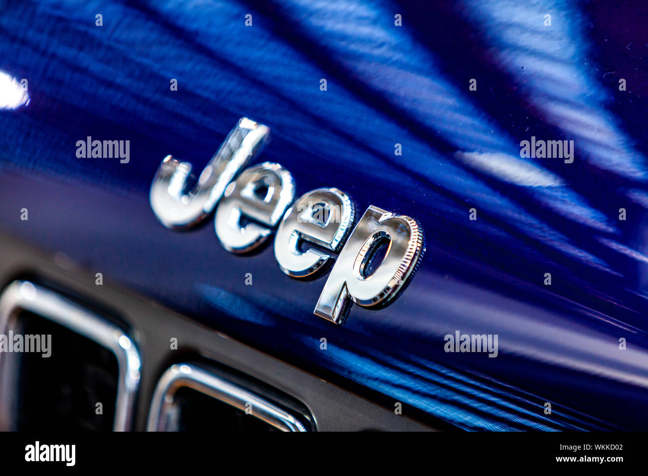 Closeup detail of the Jeep car. Jeep Jeep is a brand of Chrysler Automobiles Corporation Stock