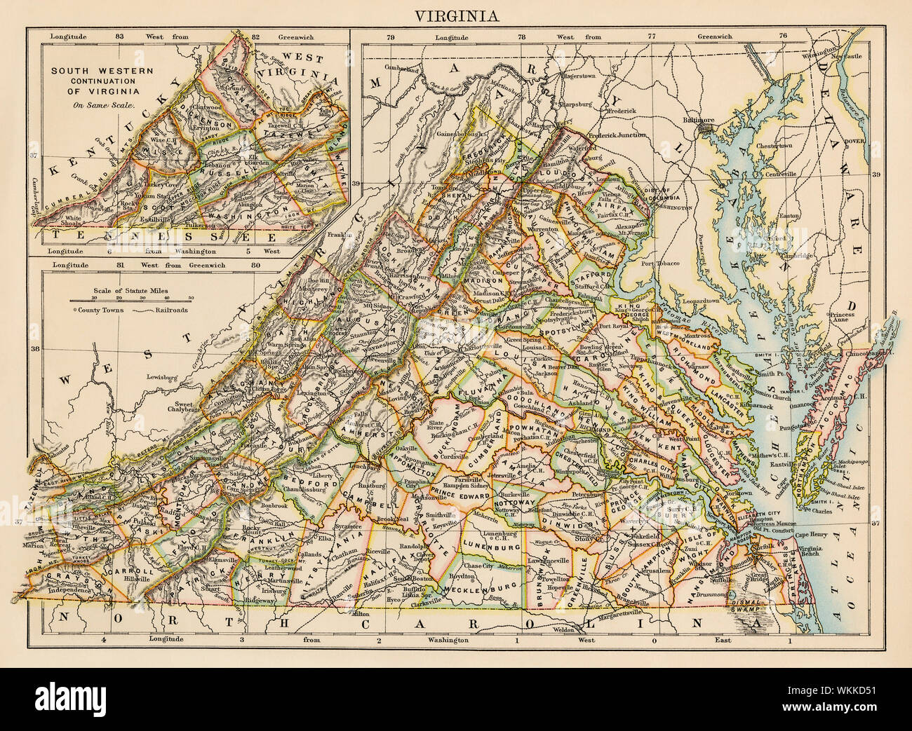 Map Of Virginia In 1850 United - Map Of Virginia 1870s Color Lithograph WKKD51 