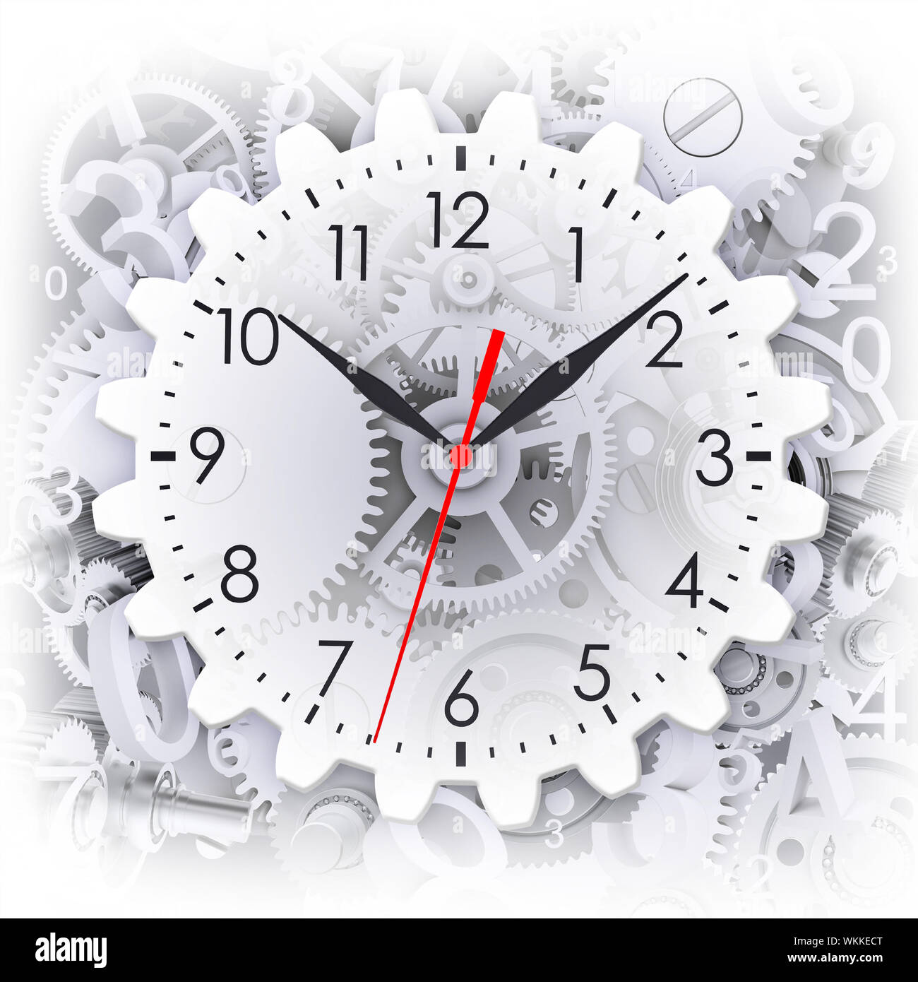 Clock face with figures and white gears. Green background Stock Photo
