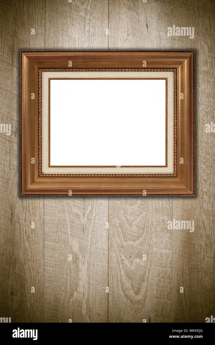 Old picture frame on vintage wood wall Stock Photo - Alamy
