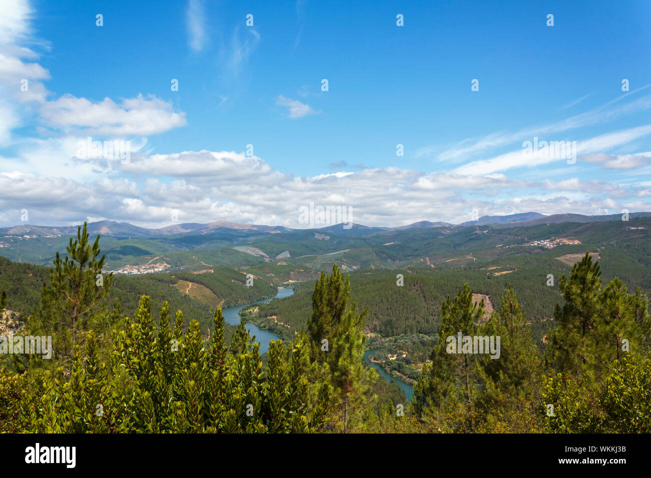 River zigzag and landscape with mountains and pine forest surrounding Stock Photo