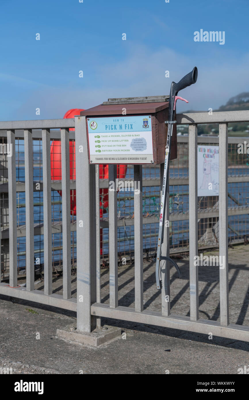 Litter picking station at Pettycur Beach, Kinghorn, Fife, Scotland